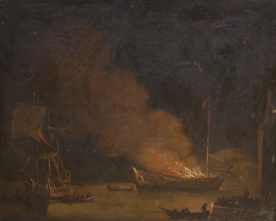 English School, early 19th century, Circle of Luny, oil on canvas, Ship on fire in a harbour - 24 x 29cm